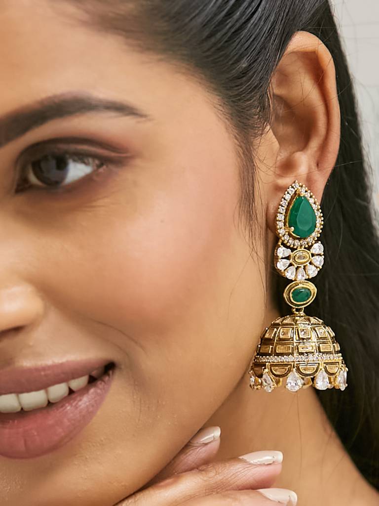 Regal Gold And Emerald Jhumka Earrings With Crystal Accents : YI24A0200E
