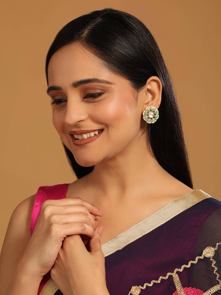 22K Gold Plated Green Kundan Pearl Studs : YI24A0330E