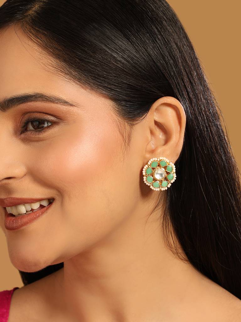 22K Gold Plated Green Kundan Pearl Studs : YI24A0330E