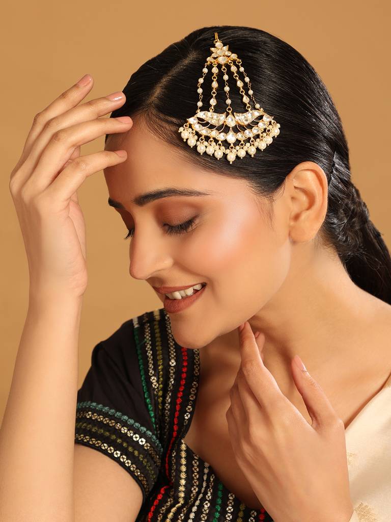 22K Gold Plated Opulent Kundan Paasa With Green Stones & Pearls : YI24A0335H