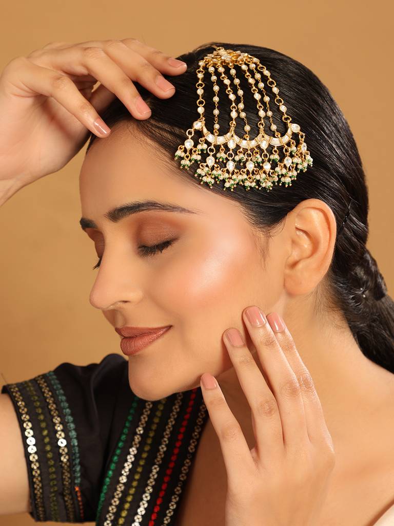 22K Gold Plated Kundan Paasa With Green Stones & Pearls : YI24A0334H