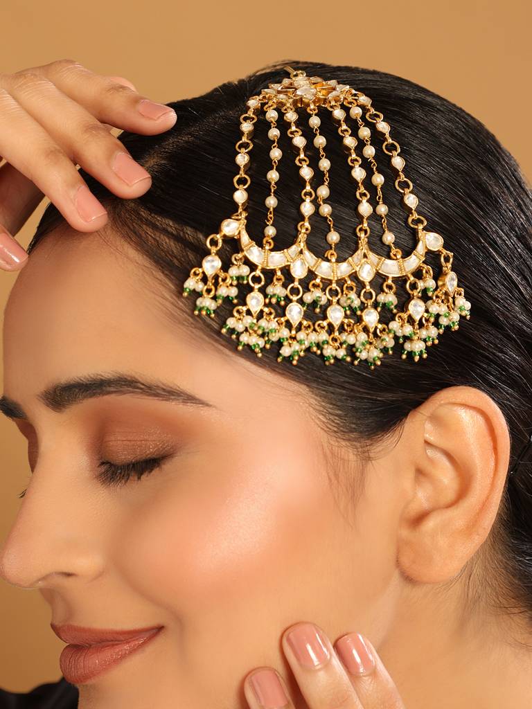22K Gold Plated Kundan Paasa With Green Stones & Pearls : YI24A0334H