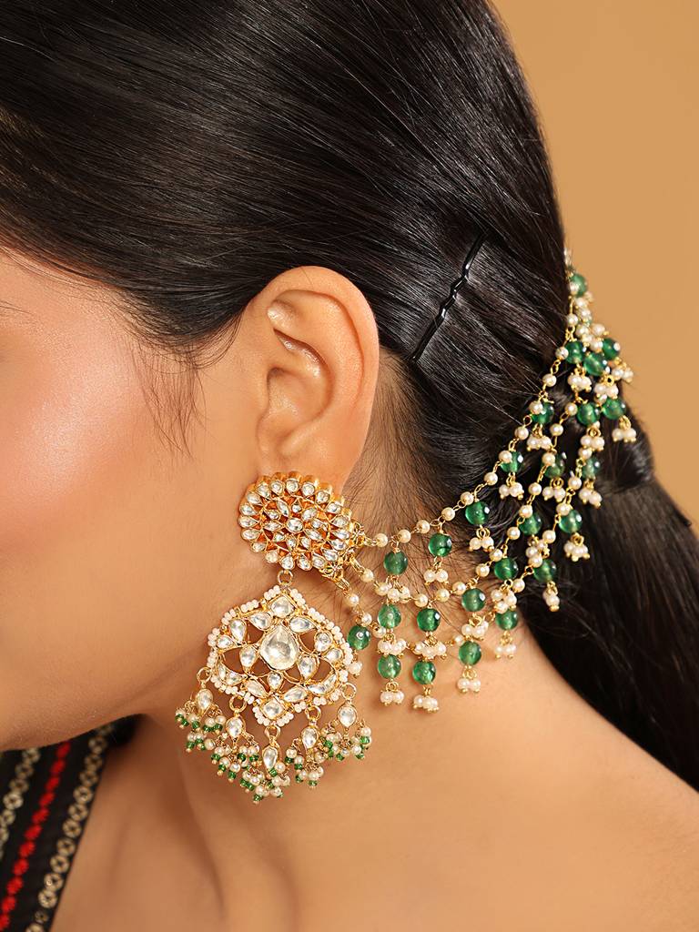 22K Gold Plated Emerald Pearls Triple Strand Ear Chain : YI24A0411H