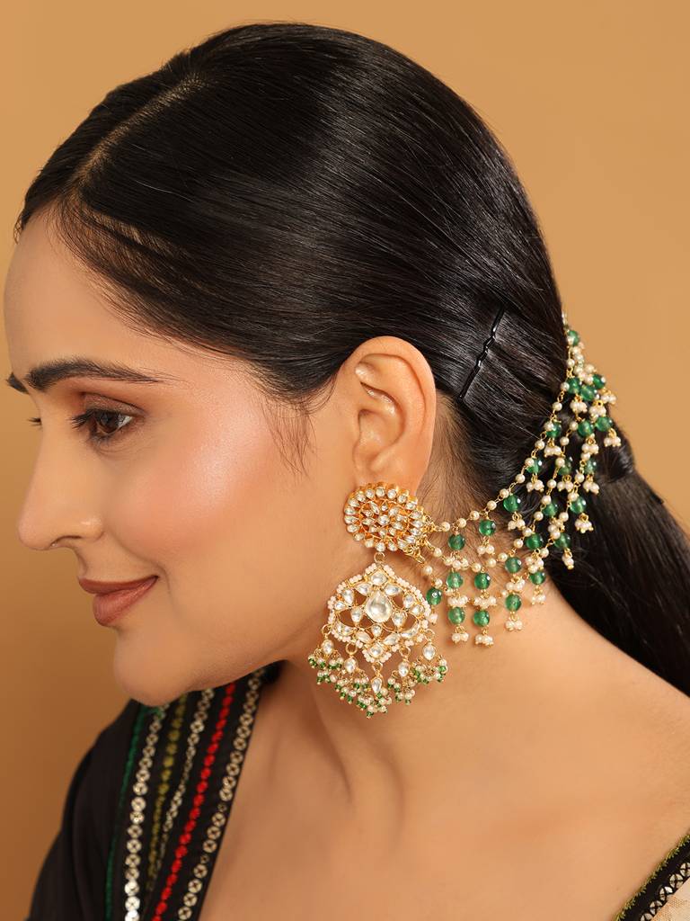 22K Gold Plated Emerald Pearls Triple Strand Ear Chain : YI24A0411H