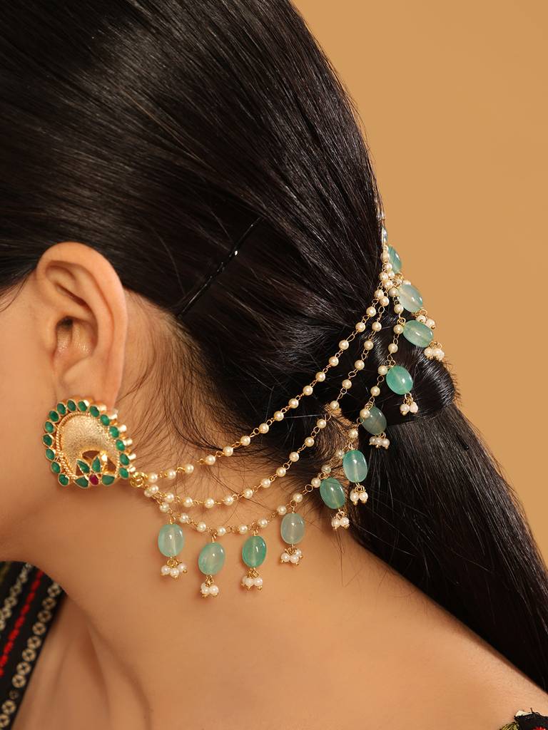 22K Gold Plated Emerald Grace Triple Strand Pearl Ear Chain : YI24A0414H