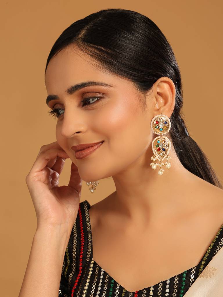 22K Gold Plated Pearl Cascade Colored Stone Earrings : YI24A0425E