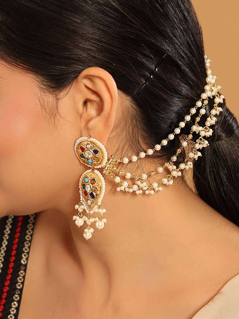 22K Gold Plated Golden Elegance Triple Strand Pearl Ear Chain : YI24A0413H