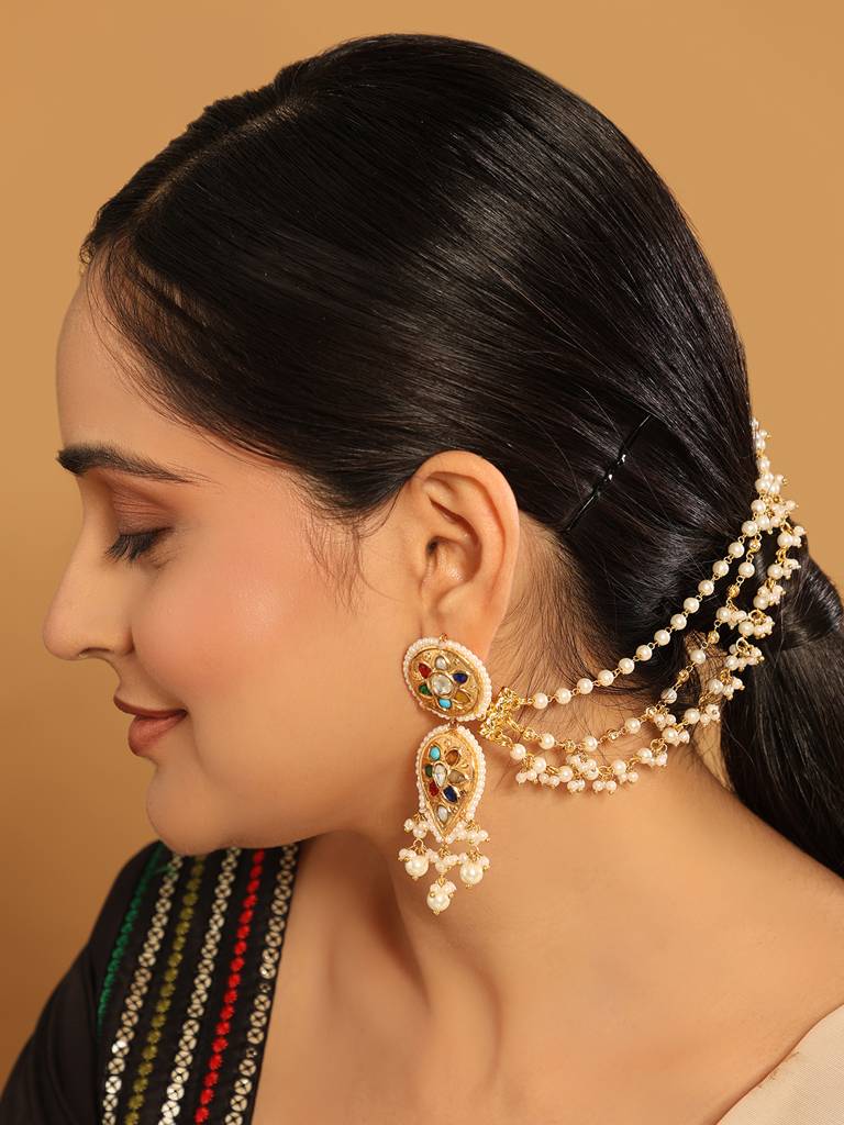 22K Gold Plated Golden Elegance Triple Strand Pearl Ear Chain : YI24A0413H