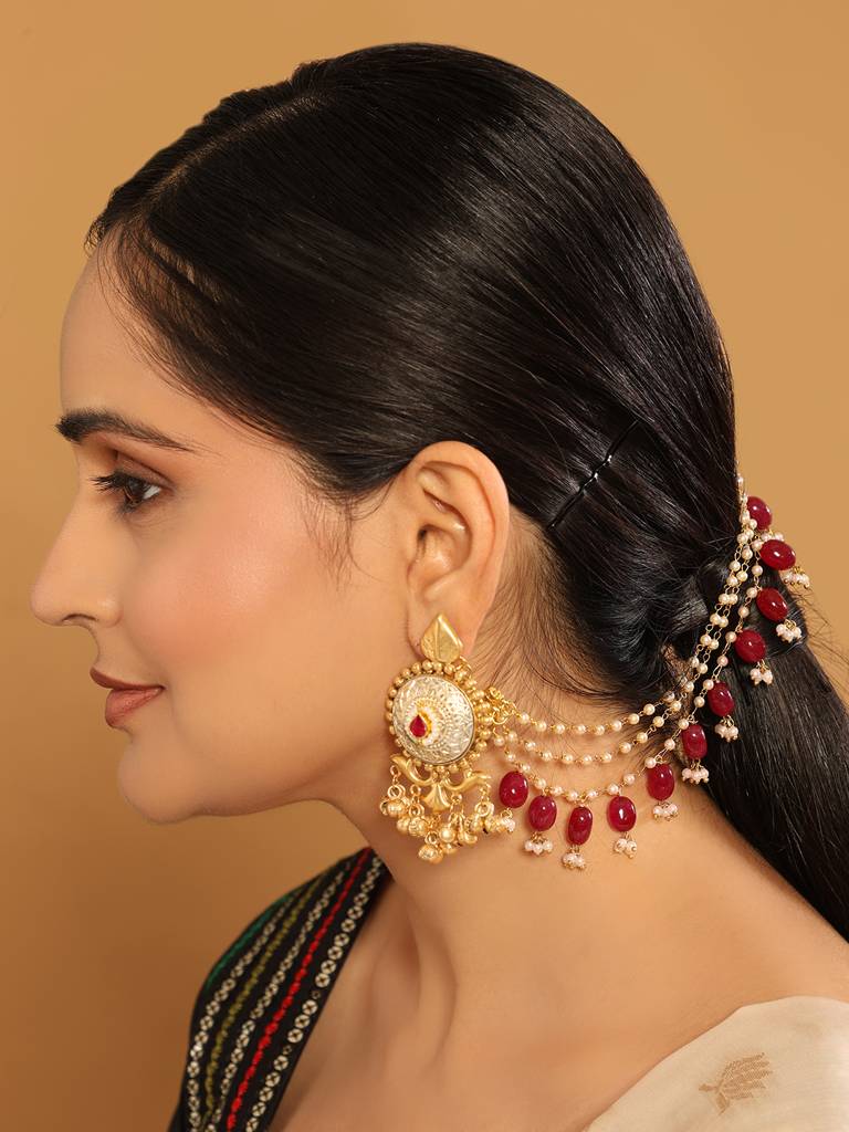 22K Gold Plated Red Stones Grace Triple Strand Pearl Earrings. : YI24A0415H