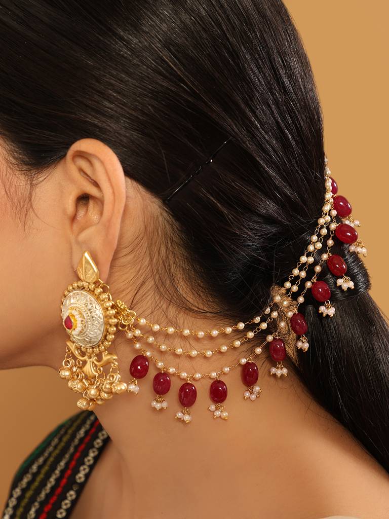 22K Gold Plated Red Stones Grace Triple Strand Pearl Earrings. : YI24A0415H