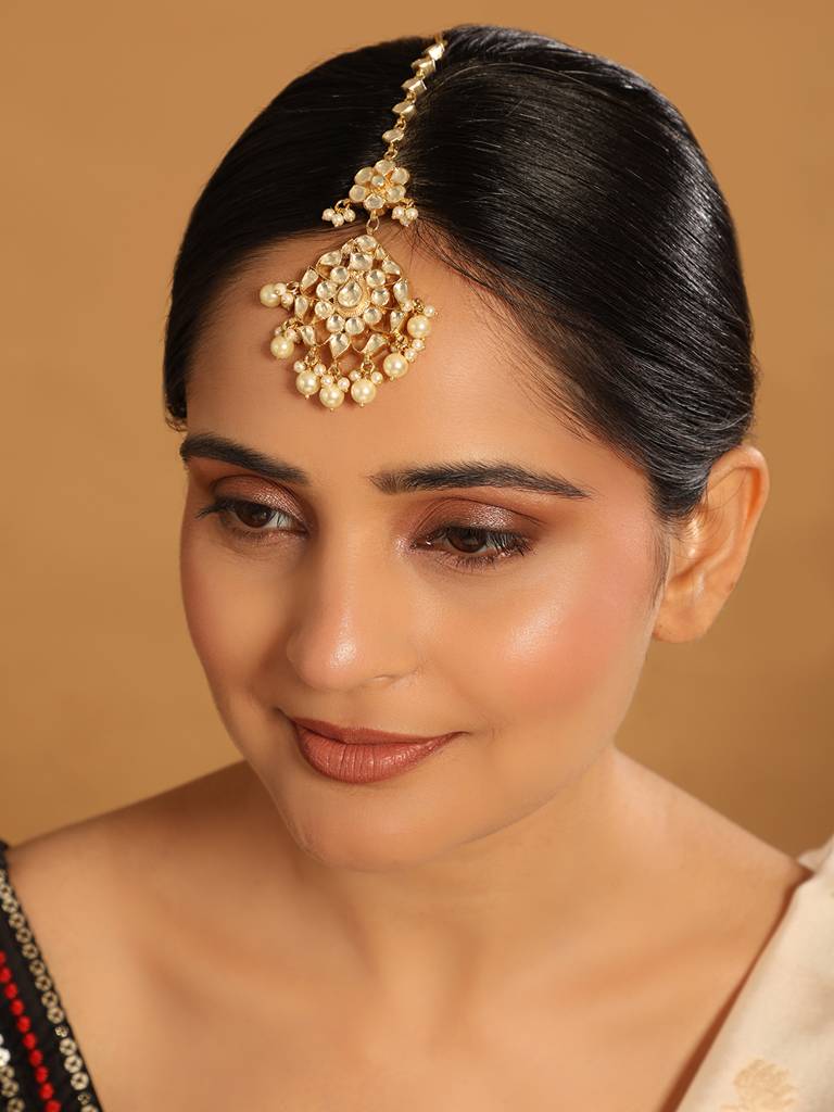 22K Gold Plated Kundan Maang Tikka With Golden Balls : YI24A0338H