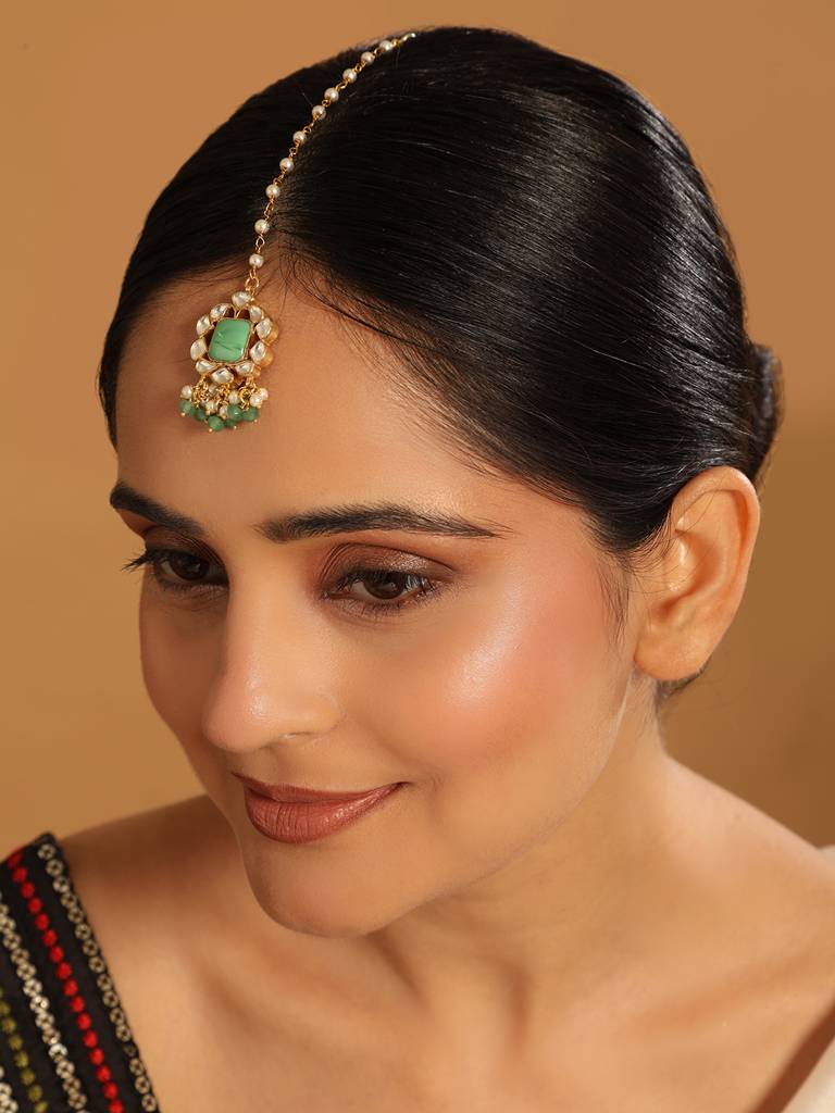 22K Gold Plated Kundan Flower Maang Tikka With Green Stones : YI24A0336H