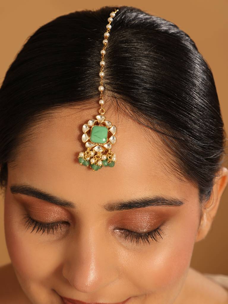 22K Gold Plated Kundan Flower Maang Tikka With Green Stones : YI24A0336H