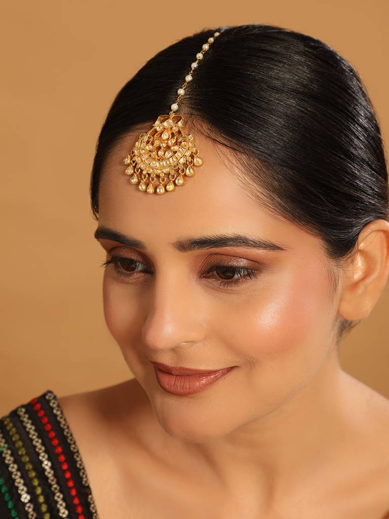 22K Gold Plated Modern Design Kundan Maang Tikka : YI24A0339H