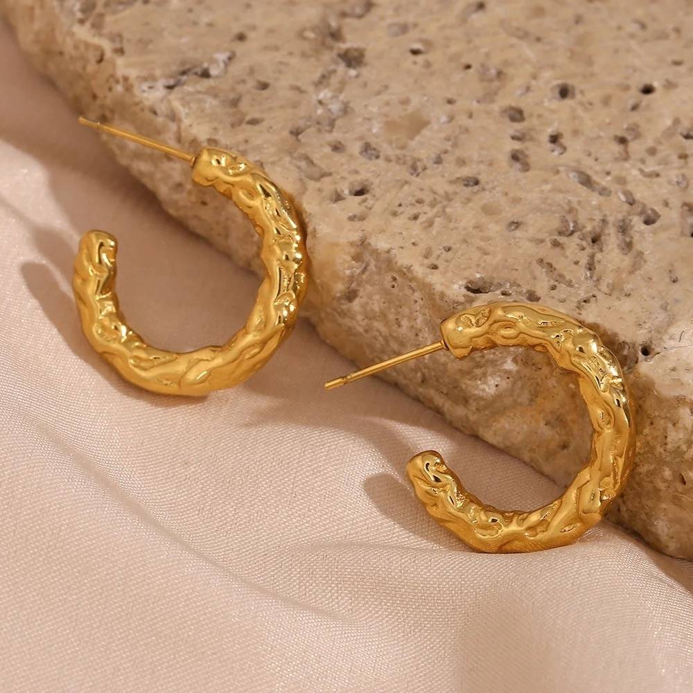 18Kt Gold Plated Textured Statement Half Hoops, Alia : INALIA