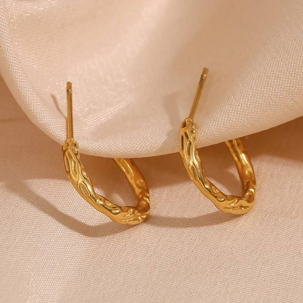 18Kt Gold Plated Textured Statement Half Hoops, Alia : INALIA