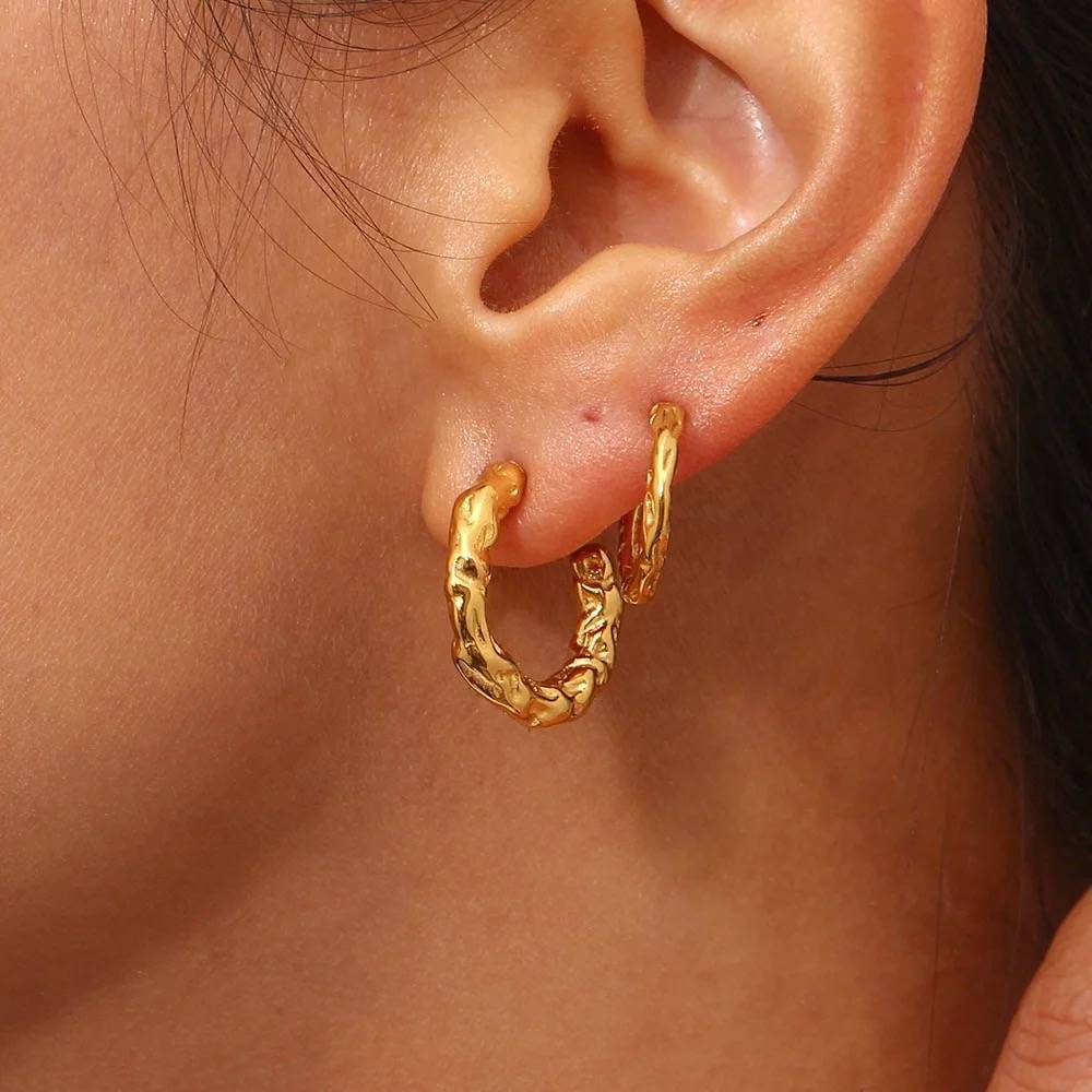 18Kt Gold Plated Textured Statement Half Hoops, Alia : INALIA