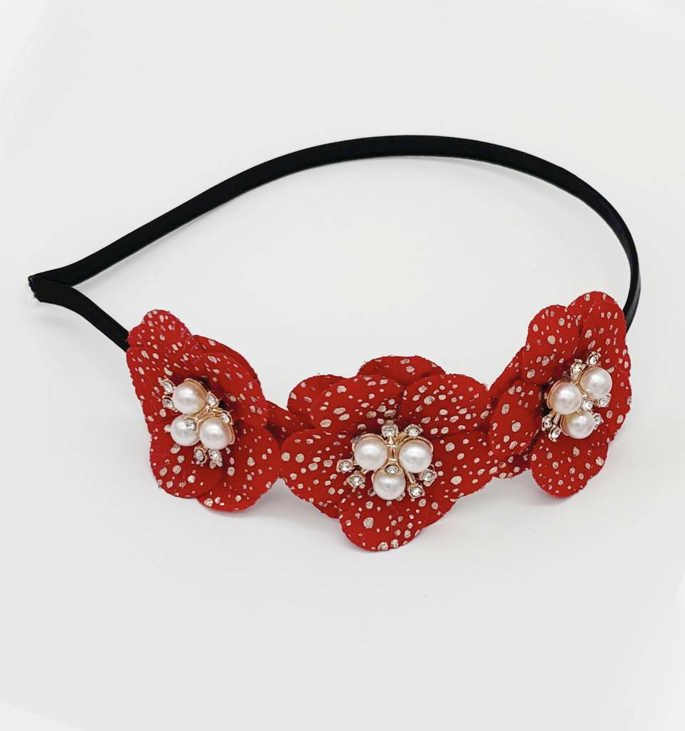 Kids Glam Flowers & Pearl Applique Hairband - Red, Golden : CM014