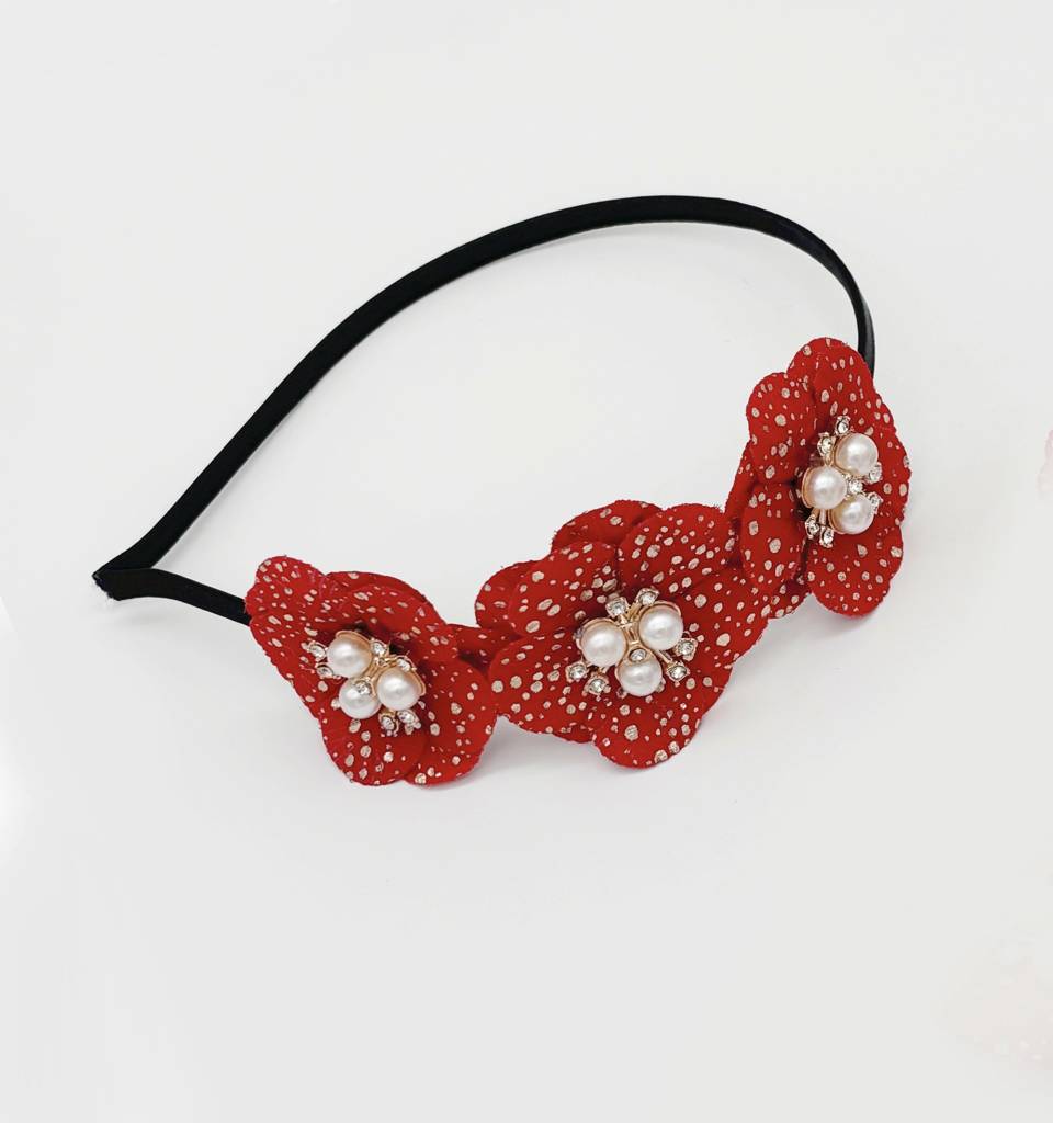 Kids Glam Flowers & Pearl Applique Hairband - Red, Golden : CM014