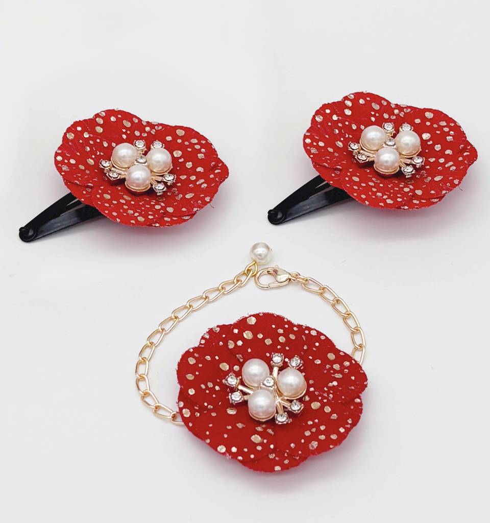 Kids Glam Flower & Pearl Applique Hair Clips & Bracelet Set- Red, Golden : CM015