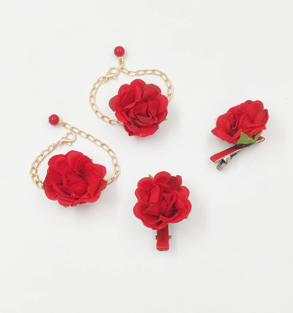 Kids Floral Baby Clips & 2 Bracelets Set- Red : CM017