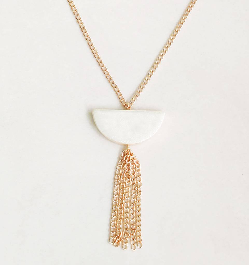 Kids Tasseled Crescent Bead Necklace- Golden, Off White : CM022