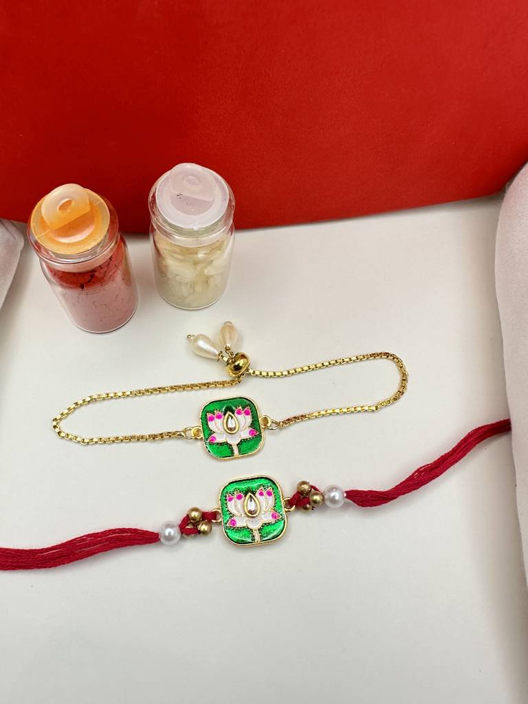 Bhaiya Bhabhi Gold Plated Lotus Motif Meenakari Enamel Couple Rakhi Set : H-007