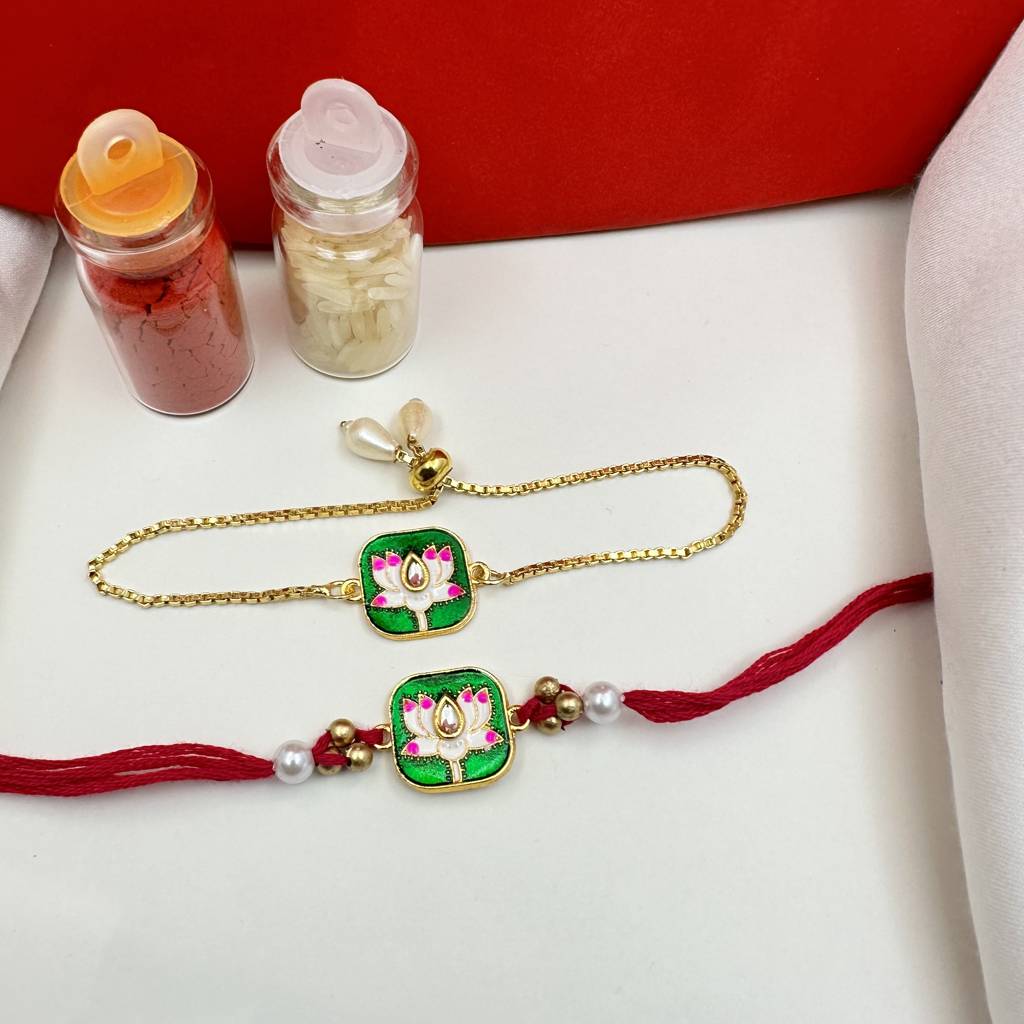Bhaiya Bhabhi Gold Plated Lotus Motif Meenakari Enamel Couple Rakhi Set : H-007