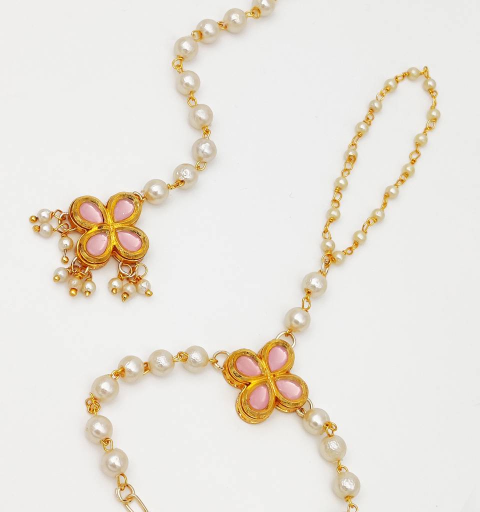 Kundan & Pearls Haath Phool & Maang Teeka Set- Pink : LM2004