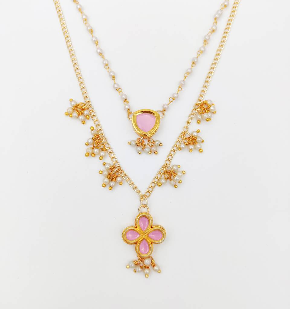 Boondein Layered Kundan & Pearls Necklace, Bracelet & Maang Teeka Set - Pink : LM2121