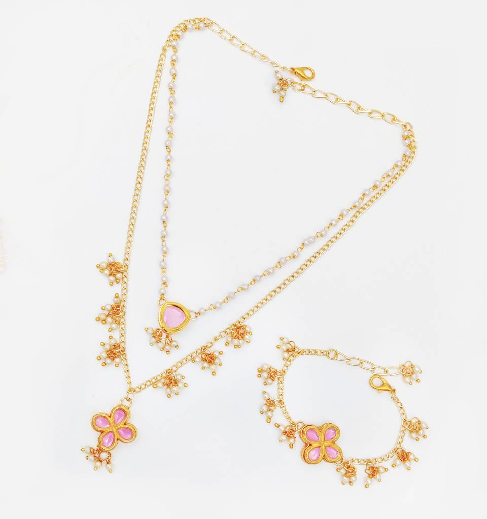 Boondein Layered Kundan & Pearls Necklace, Bracelet & Maang Teeka Set - Pink : LM2121