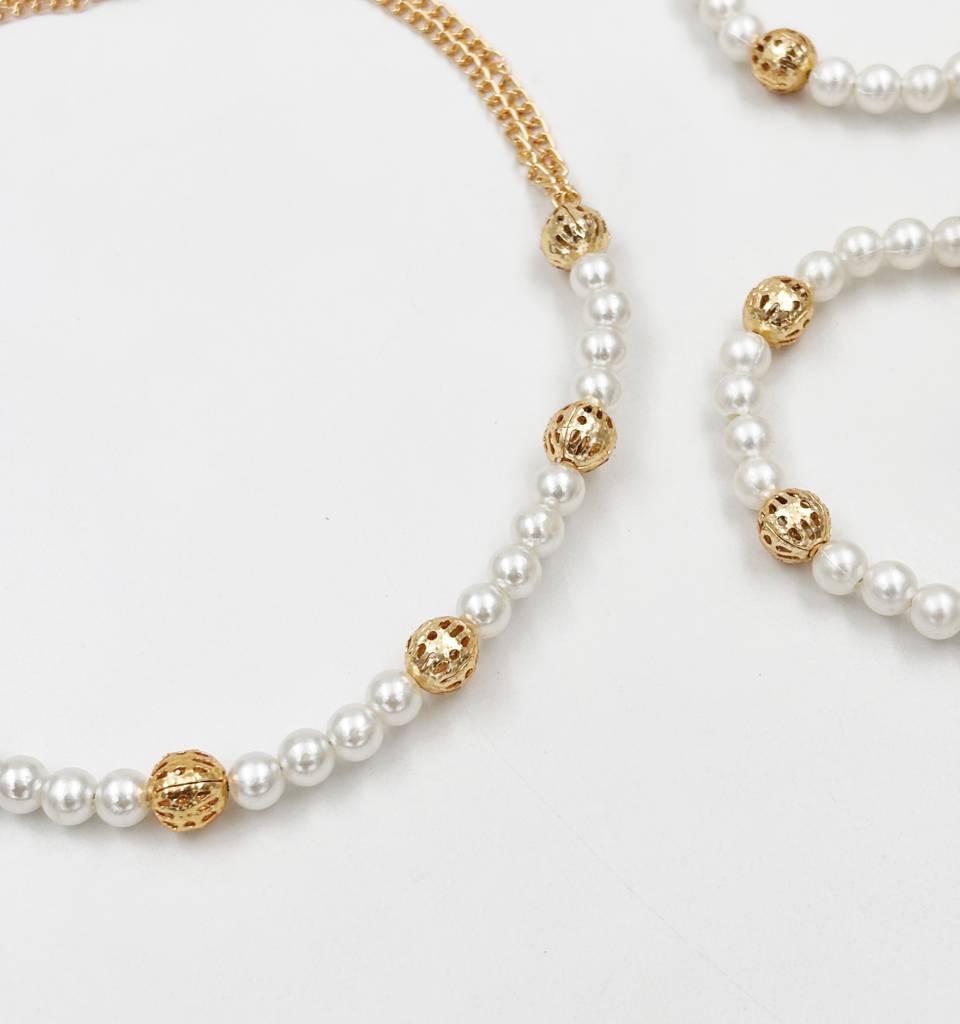 Pearl Choker Necklace & 2 Bracelets Set- Off White. Gold : LM2175