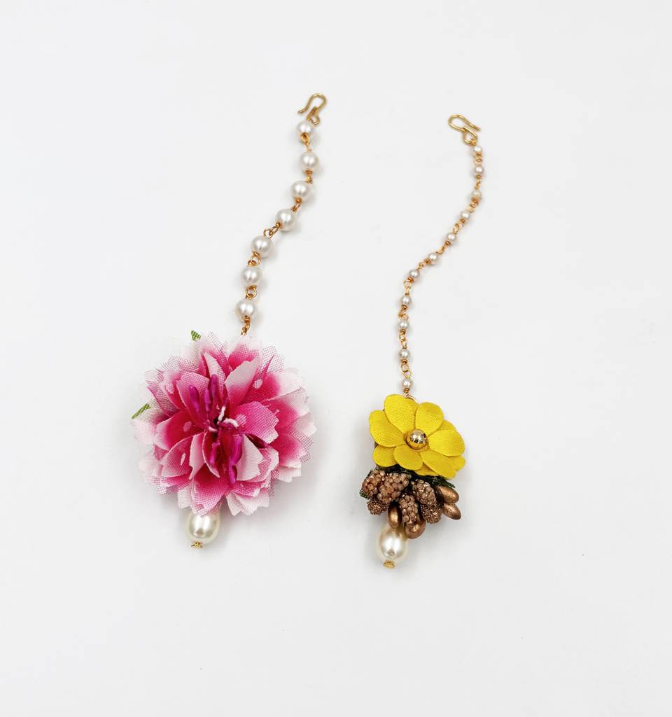 Set Of 2 Flower Embellished Maang Teekas- Yellow, Magenta, Gold : LM2177