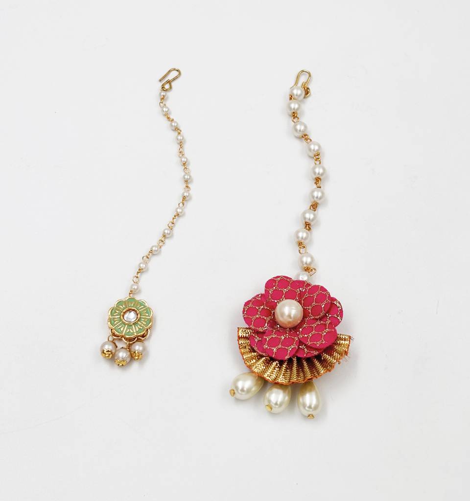 Set Of 2 Floral Gota & Meenakari Maang Teekas- Light Green, Magenta, Gold : LM2178