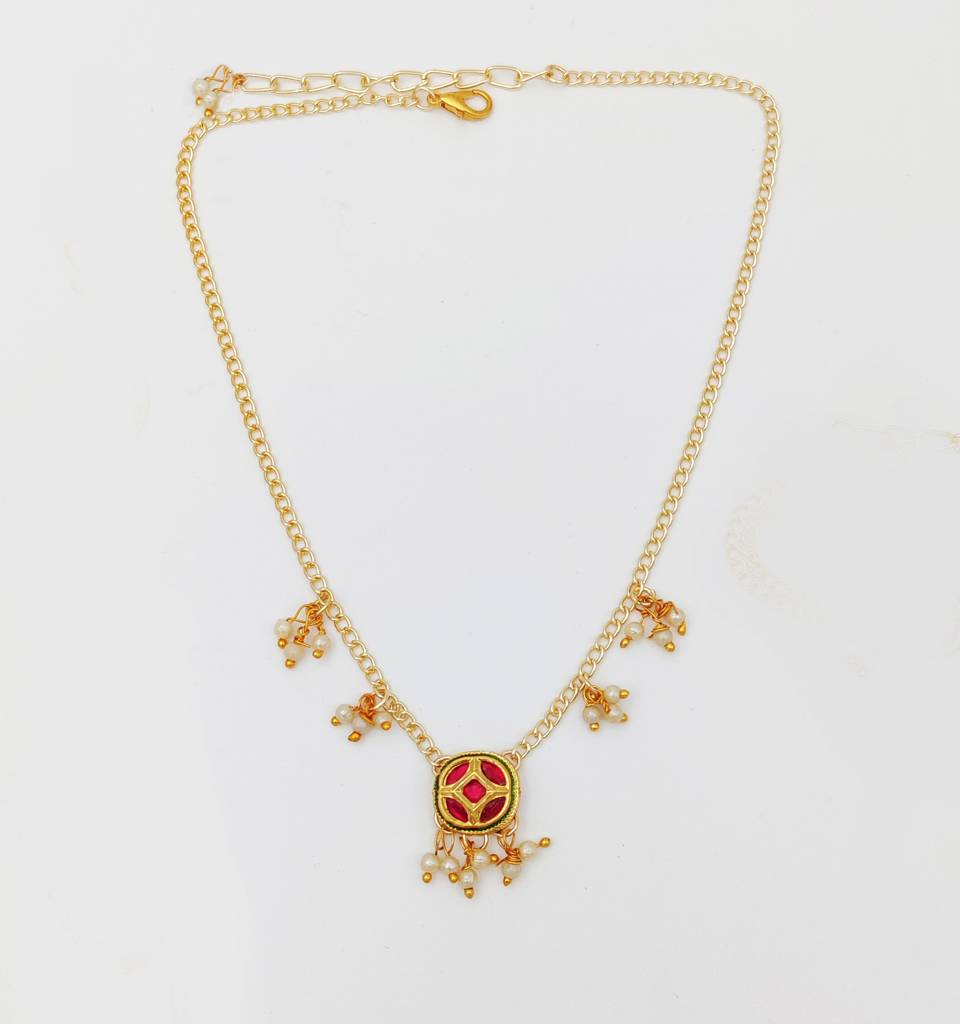 Saba Kundan & Pearl Deatled Necklace, Bracelet & Maang Teeka Set - Dark Pink : WC07