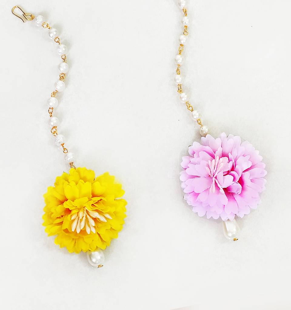 Set Of 2 Carnation Maang Teekas- Light Pink, Dark Yellow : WC29