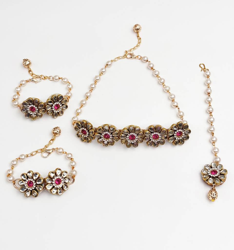 Kundan Flowers Choker, 2 Bracelets & 1 Maang Teeka Set- Gold, Dark Pink : WC30