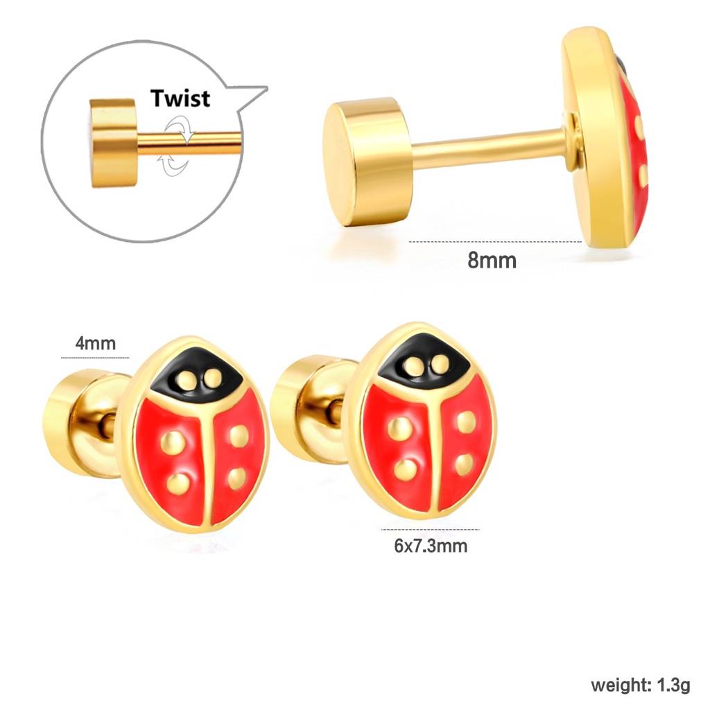Cute Ladybird 18K Gold Plated Children'S Earrings : TWLK-JWLRY-LDYBRD-PK2