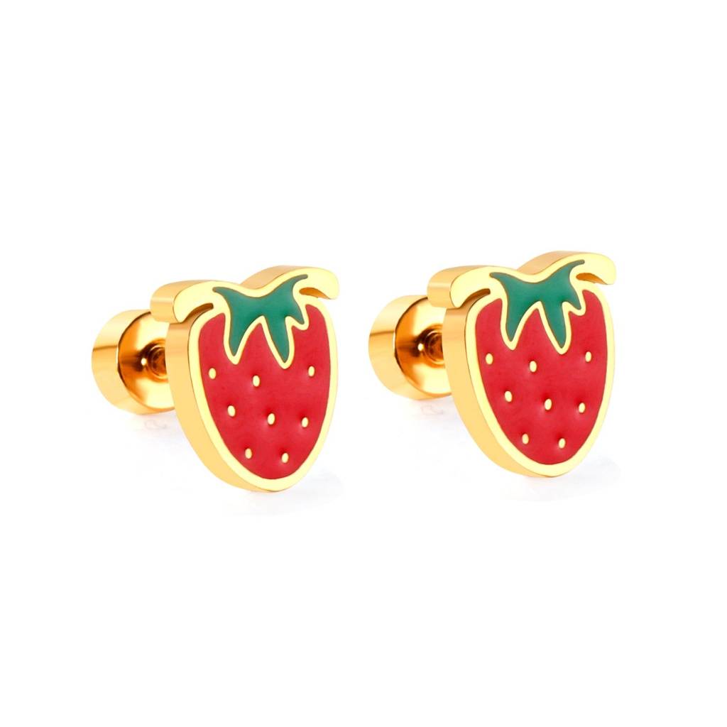 Cute Strawberry 18K Gold Plated Children'S Earrings : TWLK-JWLRY-STRWBRY-PK2