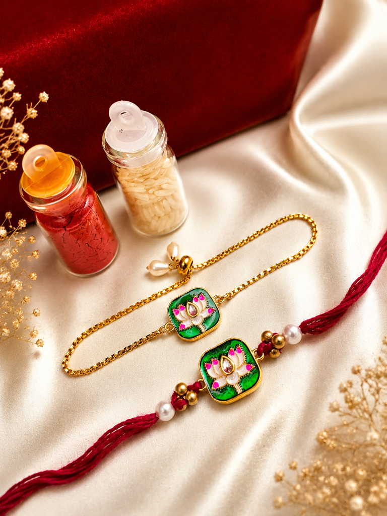 Eternz Certified Jewellery - Putstyle Bhaiya Bhabhi Gold Plated Lotus Motif Meenakari Enamel Couple Rakhi Set (Adjustable)