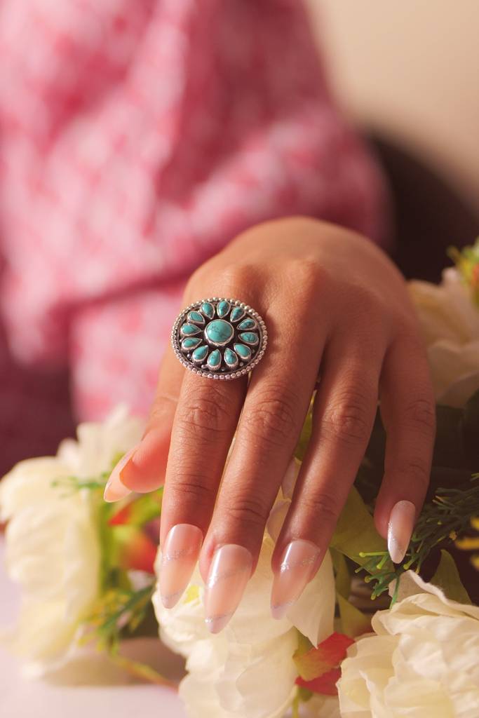 Anokhi Intricate Floral Turquoise Ring : KR062