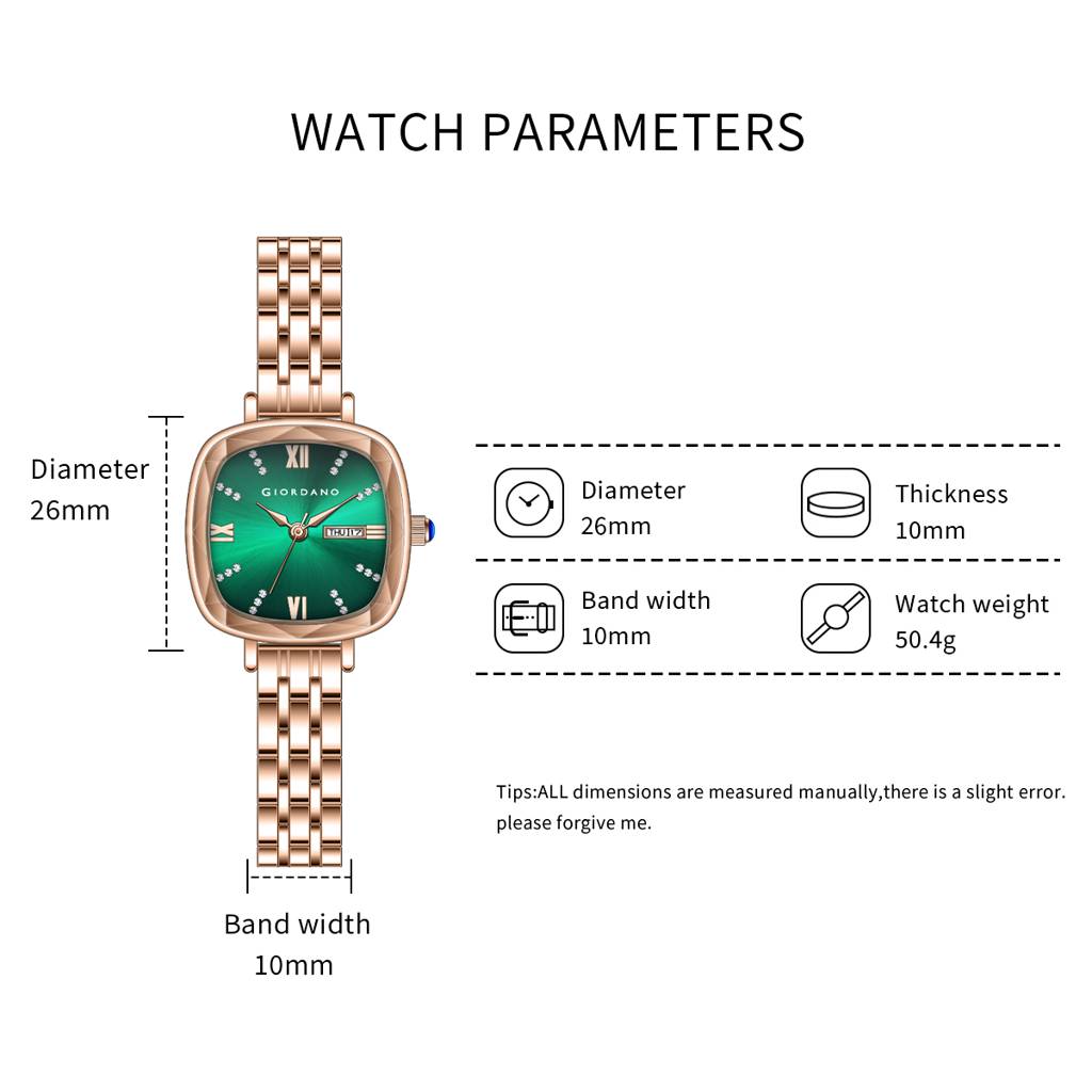 Giordano Elegant Square Rose Gold Watch For Women Â Crystal & Roman Hour Markers, Day-Date Display, Stainless  : GZ-60097-33