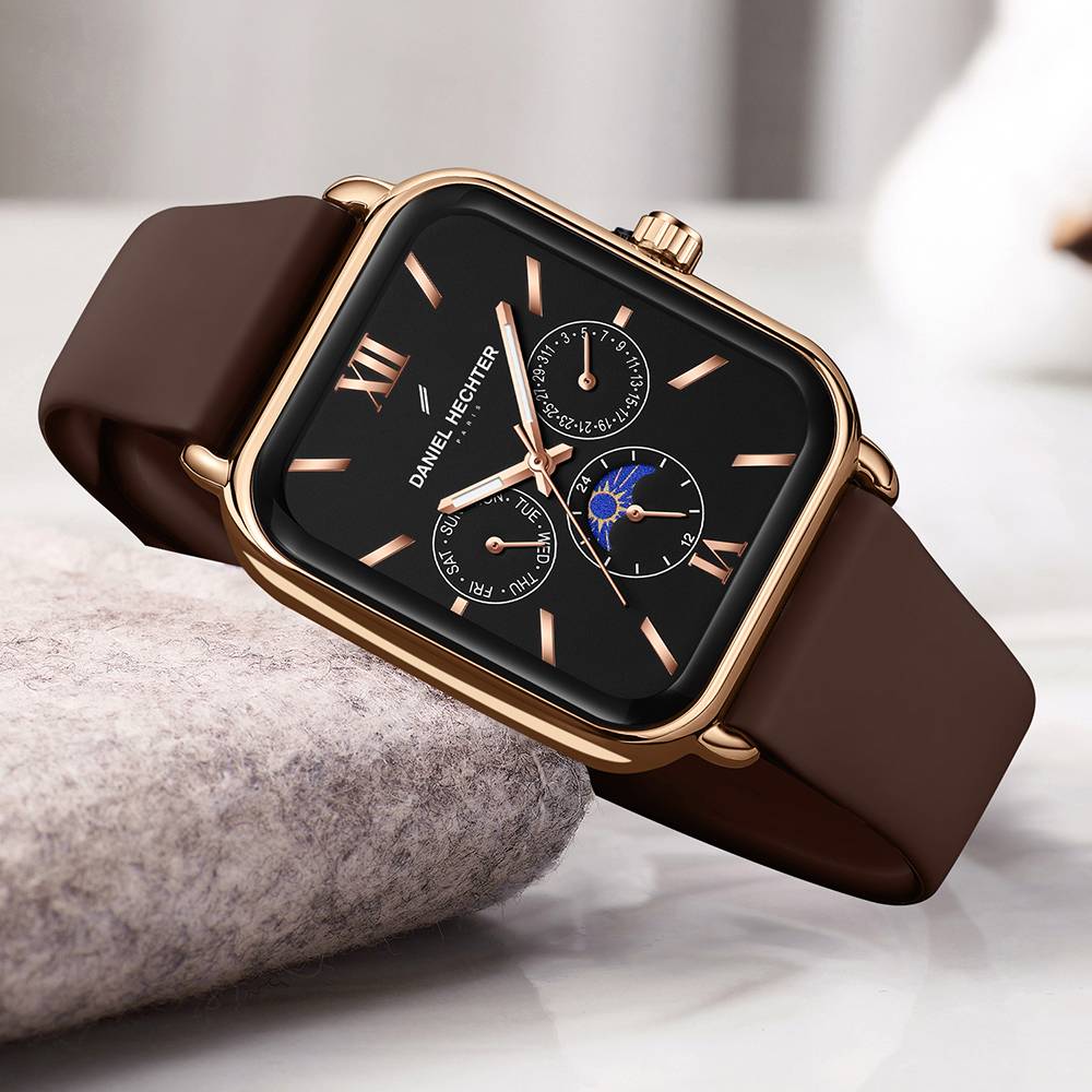 Daniel Hechter Paris Montmartre Unisex Multifunction Square Watch Â Black Dial With Day-Date & 24-Hour Subdial : DHU-1001-01