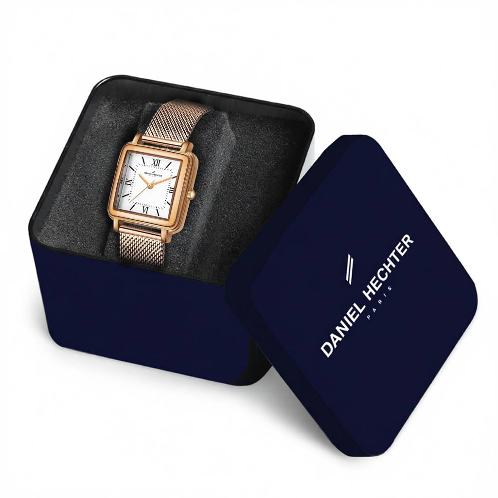 Daniel Hechter Paris Segur Classic Square Analog Watch For Women Â Rose Gold Case, White Roman Dial, Quartz Mov : DHW2011-22