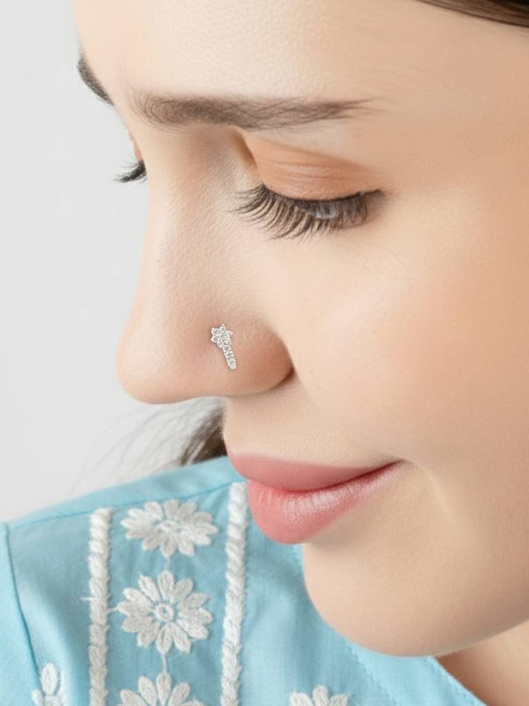 Floral Drop Silver Nose Pin : DONP2119