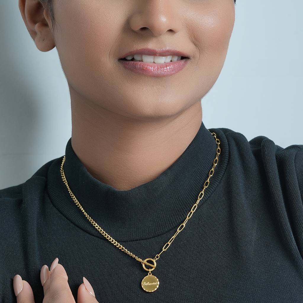 18K Gold Plated Waterproof, Anti-Tarnish "Beloved" Engraved Pendant Necklace : AOU0125N12G