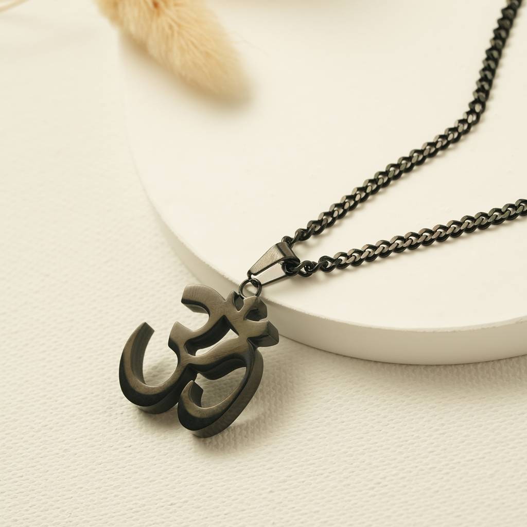 Mens Anti-Tarnish Om Pendant Necklace Chain : AXU0125PN701BK