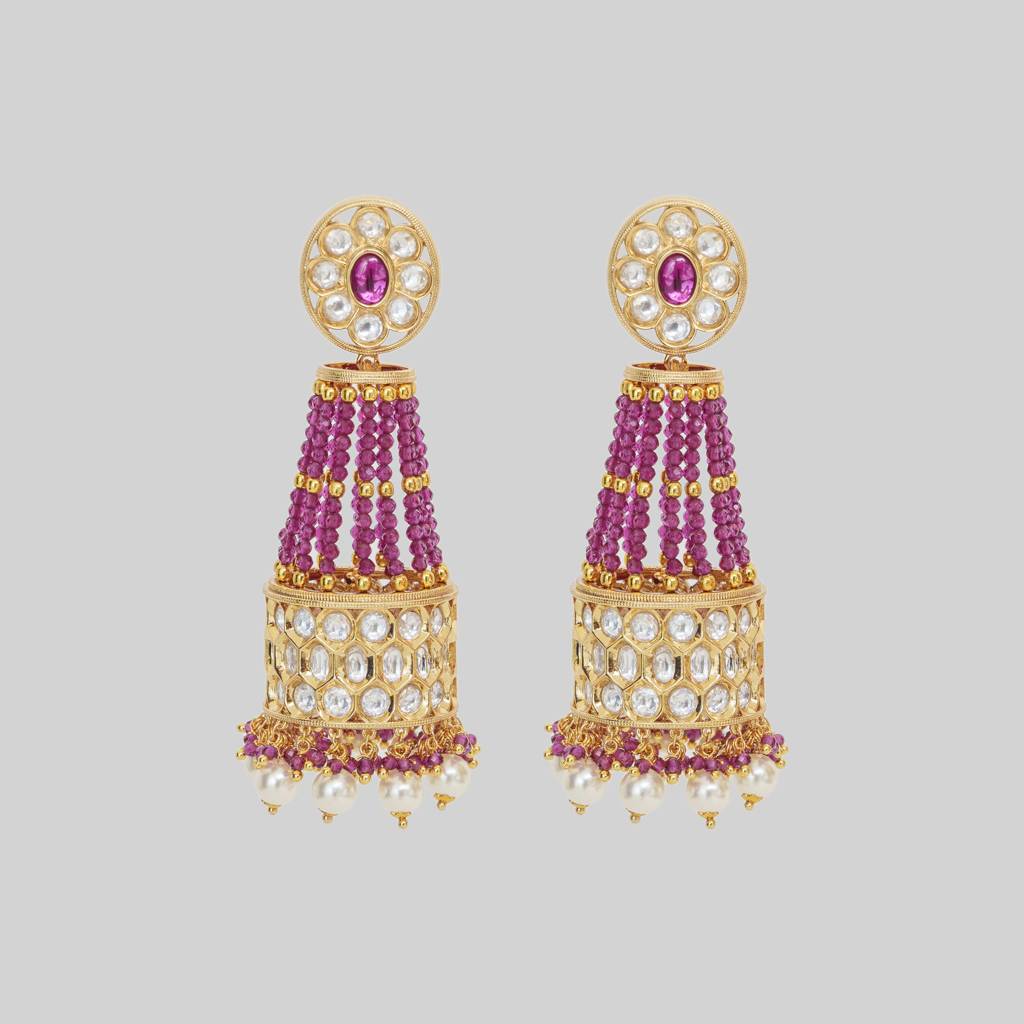 Dramatic Pair Of Long Jhumkis With Dark Red Strings : ZGJA181
