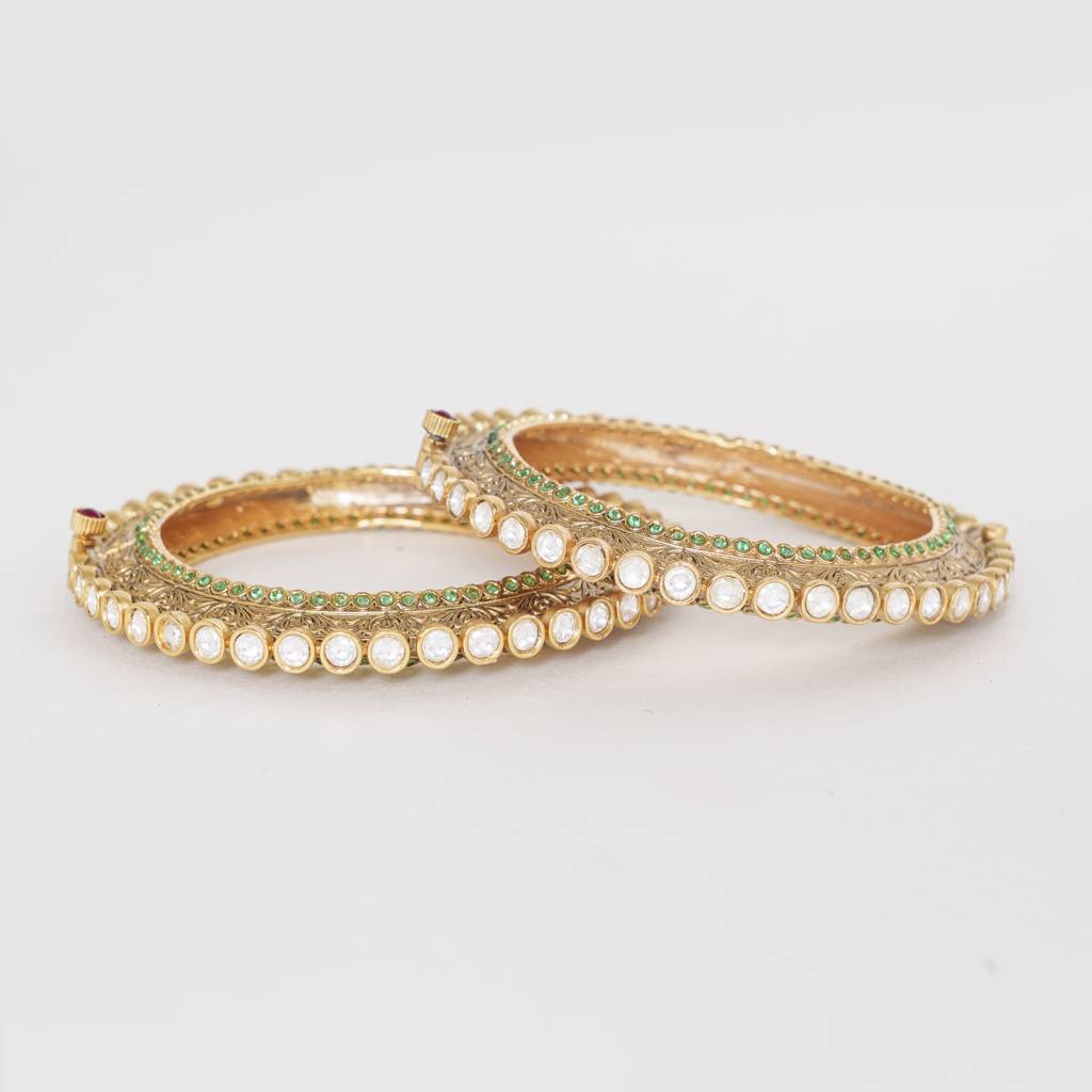 Classic Pair Of Kundan Polki Kadas With Green Stones : ZGRR47