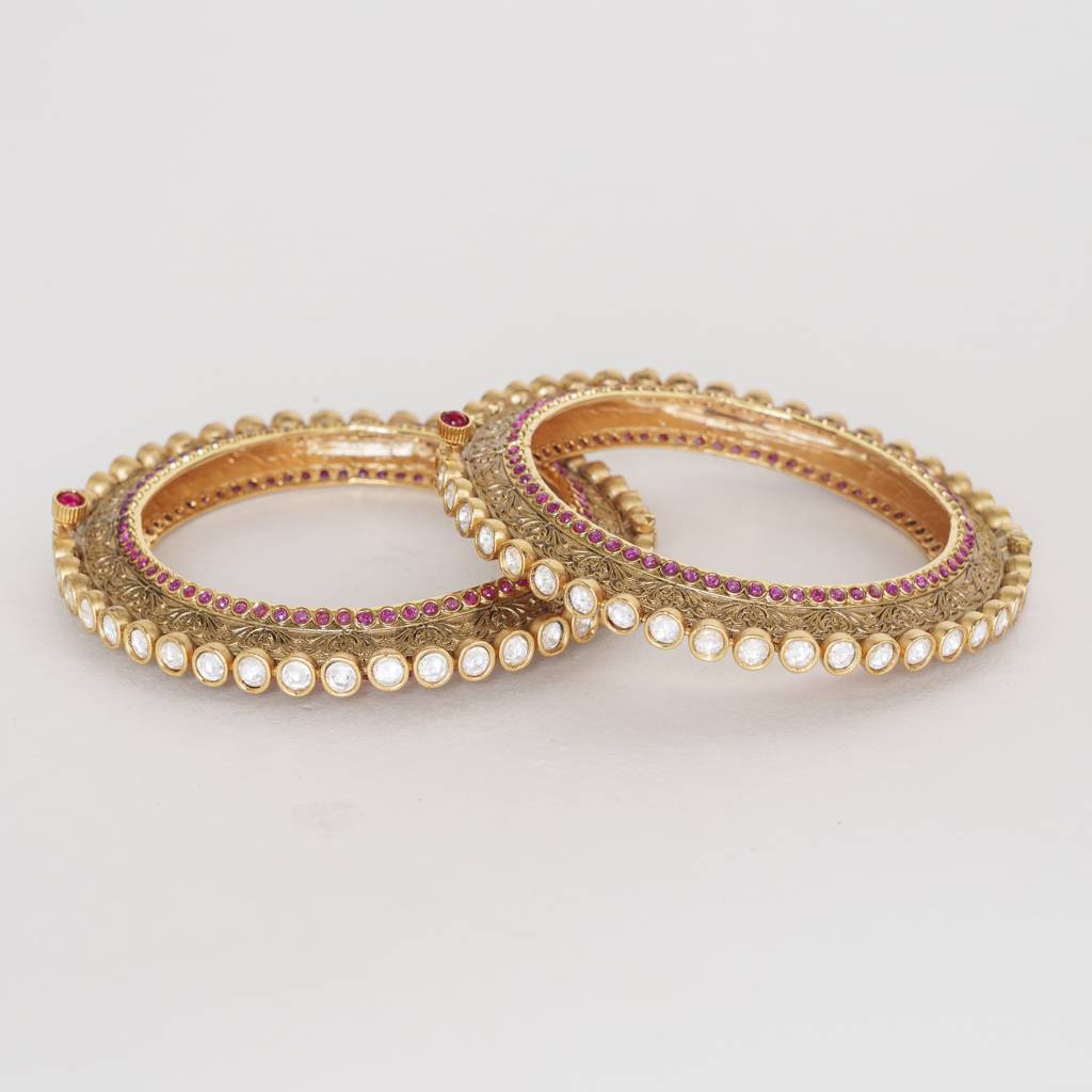 Classic Pair Of Kundan Polki Kadas With Pink Stones : ZGRR46